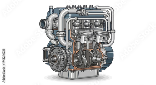 Industrial Engine with Pipes and Components.