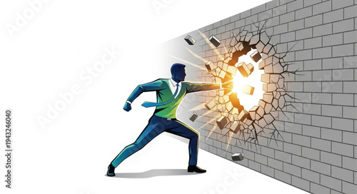 Man breaking through brick wall with fist.