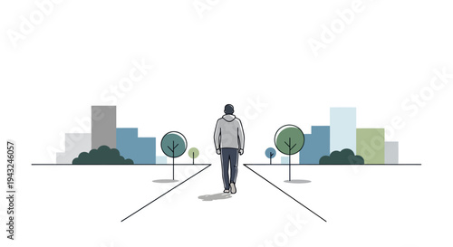 Man Standing Between Two Cityscapes.