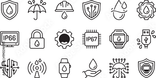 A collection of 16 icons representing various concepts such as protection, technology, and safety features.