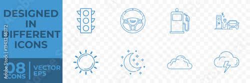 A set of 8 flat vector icons depicting transportation and weather symbols, including traffic light, steering wheel, gas pump, and cloud designs.
