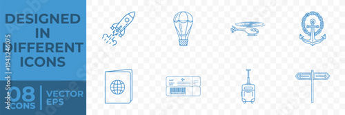 A set of 8 blue flat vector icons on a transparent background, depicting various travel-related symbols.