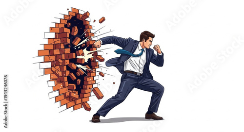Man Breaking Through Brick Wall.