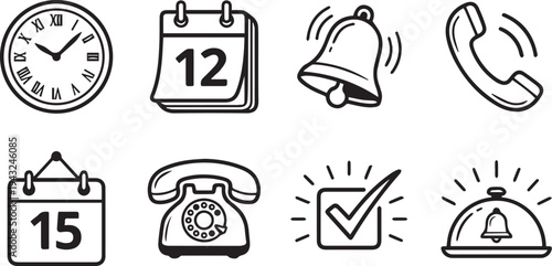 A collection of eight icons representing time, communication, and organization, including a clock, calendar, bell, phone, and checkmark on a white background.