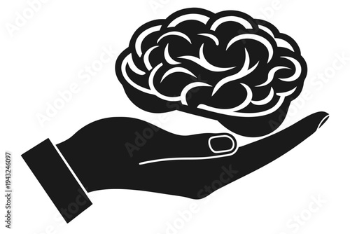 Minimalist black and white vector graphic of a hand cradling a human brain, representing mental health awareness and support.