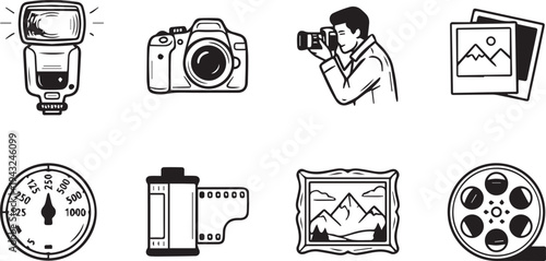 Collection of eight black and white line icons illustrating photography and filmmaking tools and concepts on plain white background.