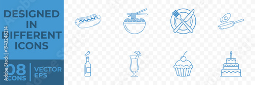 A flat vector design featuring 8 icons of various food and drink items, including hot dog, cocktail, cake, and more.