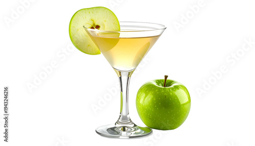 A green apple martini in a stemmed glass with an apple slice garnish and a whole apple