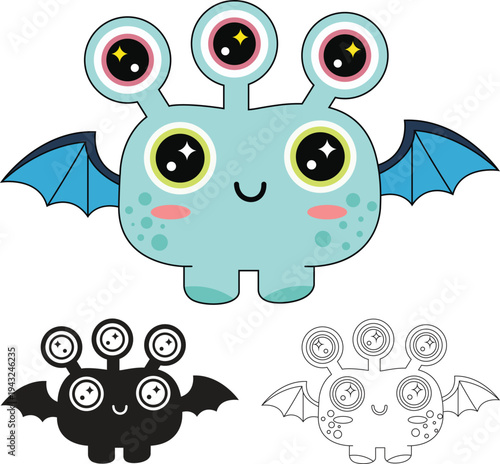 Cute Five Eyed Cyan Alien Monster with Blue Wings Character Vector in Colorful Silhouette Outline