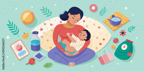 Mother breastfeeding baby while sitting outdoors surrounded by everyday items symbolizing breastfeeding in public and maternal care flat vector illustration
