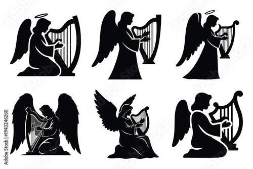 set of angel playing harp icon elements collection.