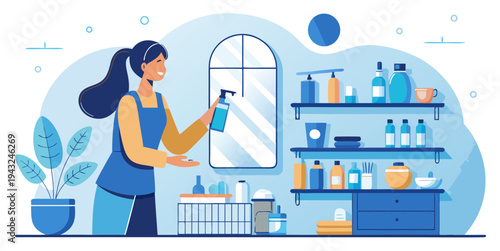 Woman cleaning bathroom mirror with spray in modern interior with shelves and cosmetics flat vector illustration