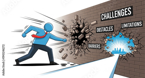 Man Breaking Through Obstacles Barrier.