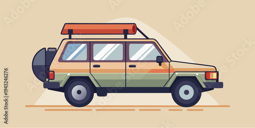 Off road vehicle with roof tent prepared for camping adventure travel flat vector illustration