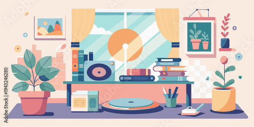 Cozy home interior with table, books, plants and window with sunlight flat vector illustration