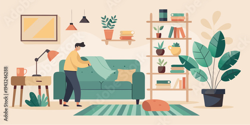 Woman arranging blanket on sofa in cozy living room with plants and bookshelf flat vector illustration