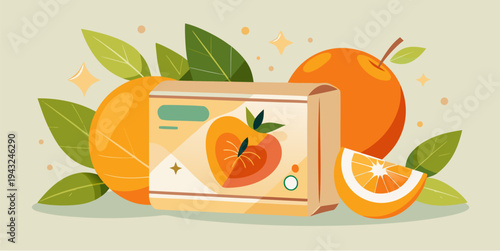 Natural persimmon soap bar with fresh fruits and leaves organic skincare flat vector illustration