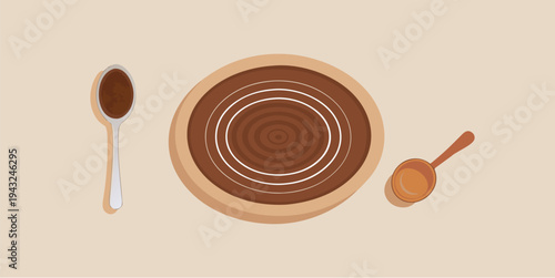 Chocolate collagen powder in bowl with spoon and scoop healthy nutrition supplement flat vector illustration