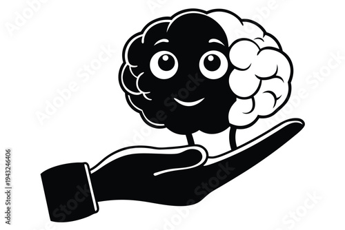 Black and white vector illustration: a hand carefully supporting a brain, symbolizing mental health and cognitive wellbeing.