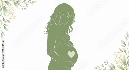 Elegant Green Silhouette Vector Illustration of a Pregnant Woman Holding Her Belly with a White Heart, Framed by Delicate Watercolor Leaves and Flowers, Ideal for Maternity, Motherhood