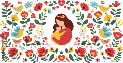 Mother cradling baby surrounded by vibrant floral pattern and chickens