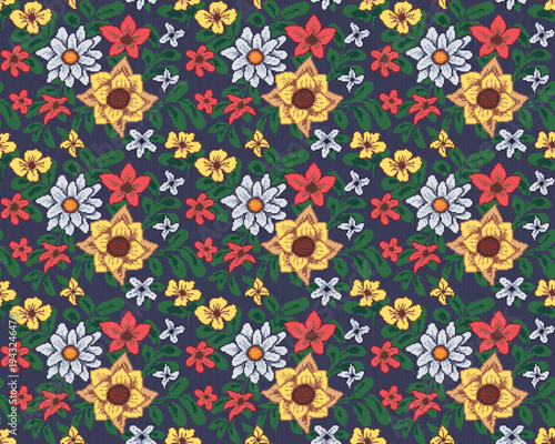 Pixelated floral designs are suitable for continuous print fabrics, wall art, and gift wrapping paper.