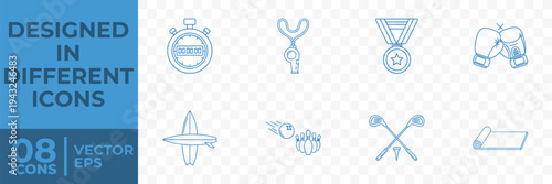 A set of 8 blue line icons on a transparent background featuring various sports-related symbols, including a stopwatch, boxing gloves, and golf clubs.