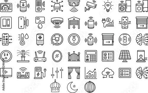 Smart Home and Internet of Things (IoT) Line Icons - Home Automation, Security System and Smart Living Symbols