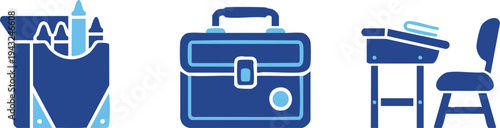 Set of 3 office icons vector, briefcase, desk, bag