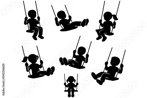 Children Outdoor Playground Silhouette, Kids Swinging Summer Activity Vector Illustration