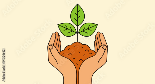 Hands holding a green plant sprout with three leaves growing from brown soil, symbolizing growth, nature, and environmental care vector illustration