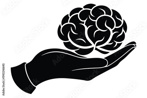 Black and white abstract illustration of a hand cupping a brain, representing mental health support and cognitive function.