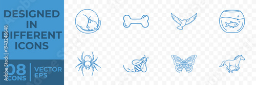 A collection of 8 flat vector icons featuring various animals, including pets and wildlife, in a simple line style.