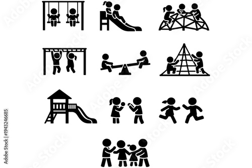 Children Playing on Playground Icons Set, Kids Playground Equipment Pictogram Collection, Childhood Activity Vector Symbols