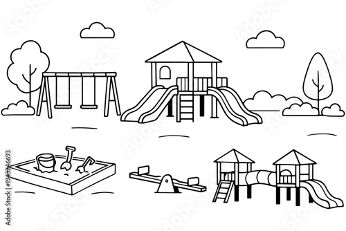 Children’s Playground Black and White Line Drawing, Wooden Playhouse Slide Swings Sandbox Outdoor Fun Vector