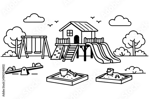 Kids Playground Line Art Illustration, Black and White Wooden Playhouse Slide Swings Sandbox