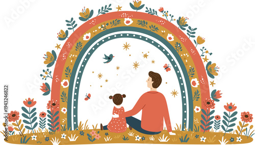 Cartoon vector illustration of a happy family with a boy and baby celebrating a birthday in a sunny park with trees, a colorful rainbow, and kids enjoying childhood fun