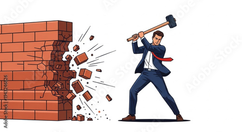 Man in Suit Breaking Brick Wall.