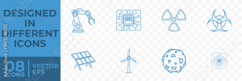 A collection of 8 flat vector icons representing various technology and energy concepts, including robotics, solar power, and nuclear energy.