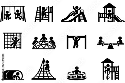 Kids Playground Pictogram Icon Set, Children Playing Outdoor Activities, Playground Equipment Vector Collection