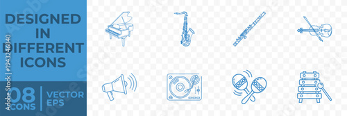 A set of 8 flat vector icons representing various music instruments and equipment, designed in a simple and modern style.