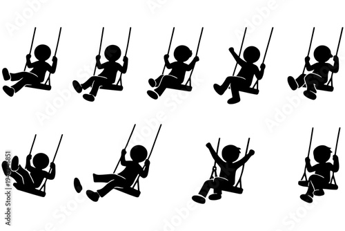 children on a swing,
Kids Swinging Playground Silhouette, Children Outdoor Summer Fun Activity Vector Illustration