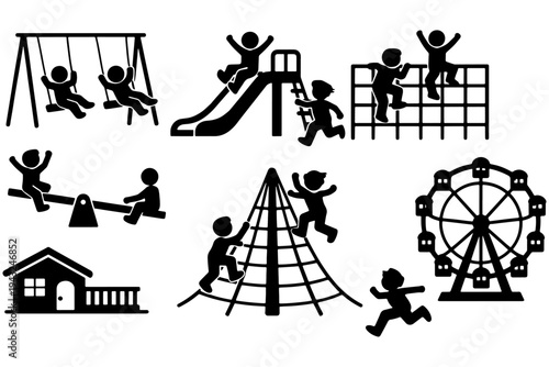 Kids Playing Playground Silhouettes, Slide Swing Seesaw Running Jumping Childhood Fun Vector Set