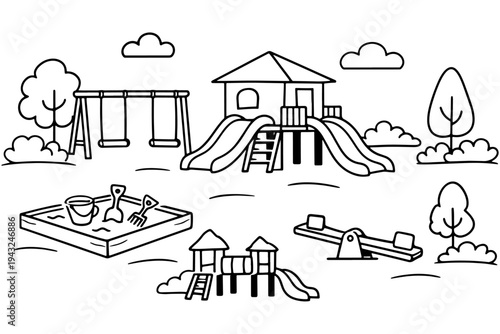 Playground Line Art for Children, Wooden Playhouse with Slide Swings Sandbox Black and White Vector