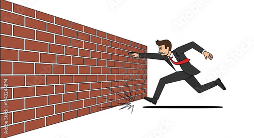 Man in Suit Running Through Brick Wall.
