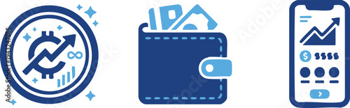 Set of 3 finance icons vector, blue, business, money
