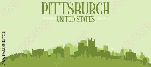 Green panoramic poster of the city skyline with solid background buildings on a hilly terrain of PITTSBURGH, UNITED STATES