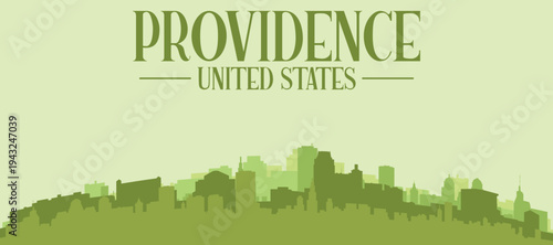 Green panoramic poster of the city skyline with solid background buildings on a hilly terrain of PROVIDENCE, UNITED STATES