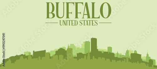 Green panoramic poster of the city skyline with solid background buildings on a hilly terrain of BUFFALO, UNITED STATES