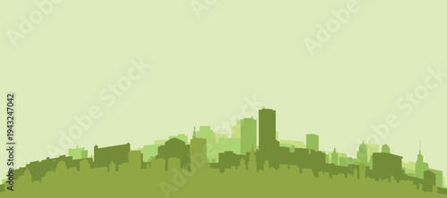Green panoramic poster of the city skyline with solid background buildings on a hilly terrain of BUFFALO, UNITED STATES